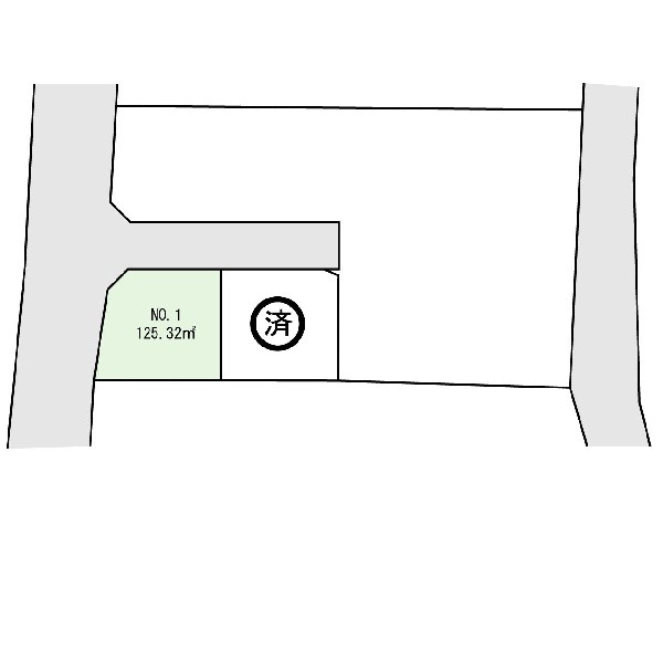 区画図:土地面積125m2以上の整形地で高低差はありません♪南側は隣地駐車場の為、日当たり・開放感良好です♪