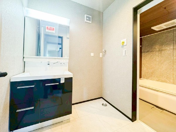 鏡の裏に収納棚を確保した三面鏡を採用。化粧品や歯ブラシなどを機能的に収納。便利な床下収納付き。