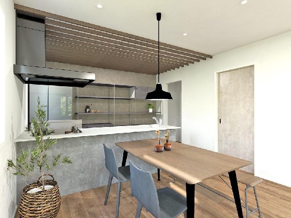 美味しい料理を作りたくなるような気持ちにさせてくれるオープンキッチン。見上げると柔らかなダウンライトが包み込み、彩りを添えます。