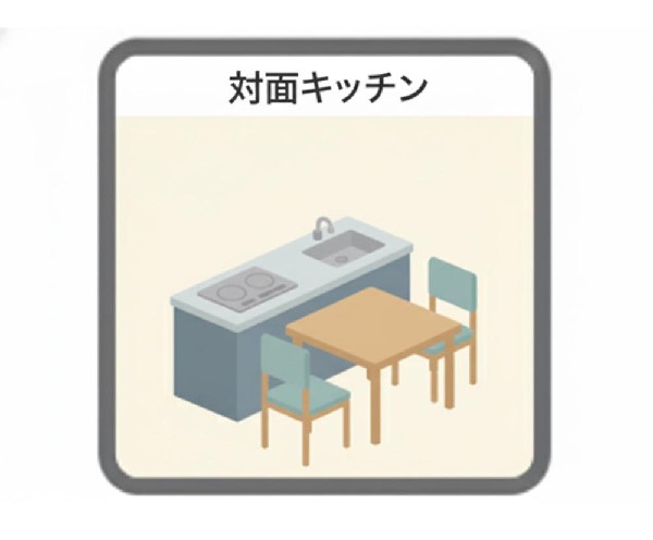 リビングに降り注ぐ明るい陽射しがそのままキッチンにも柔らかく降り注ぐ明るい印象のキッチン廻り。リビングとキッチンの間に壁を設けてないフルオープンタイプですので、空間に一体感を感じられます。