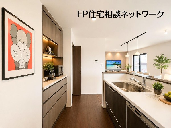 リビングを見渡せ家族の気配を感じられる、そんな空間を演出できるキッチンです。（本画像はCGで作成しており、実際に現地に家具・家電等はおかれておりません。また価格に家具・家電等は含まれておりません。）