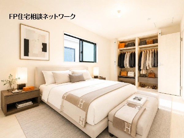 一日の終わりを贅沢に過ごす、上質感漂うベッドルーム♪収納力とデザイン性を両立した心地よい空間設計。（一部AIにて生成しており、実際に現地に家具・家電・小物等はおかれておりません。）