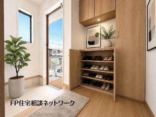 外観:散らかりがちな玄関もスッキリと保てる玄関収納は家の中に入る時一番最初に目に付く場所だからこだりたいですね♪木目調の落ち着いた雰囲気で仕上げました♪（本画像は一部CGで作成しております）