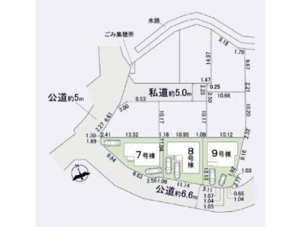 区画図:全3棟ゆとりの40坪以上　2台分の駐車スペースがあります。