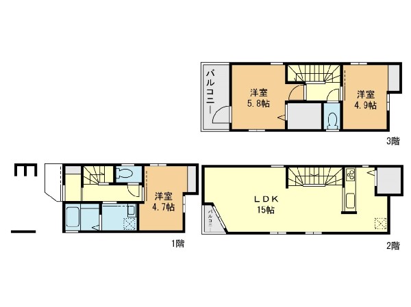 外観:建物プラン例：間取り3LDK、土地面積44.15平米、建物価格2010万円（税込）、建物面積85.24平米