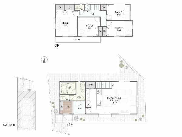 外観:建物プラン例(No.3区画)4LDK、土地価格2980万円、土地面積125.03m2、建物価格2100万円、建物面積98.68m2