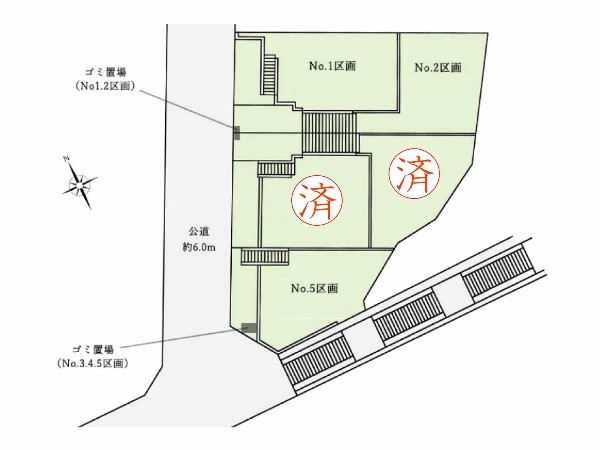 区画図:前面道路は広々6m。分譲地の隣には、以前デックスで分譲した全7棟の分譲地があり、美しい街並みを形成します。