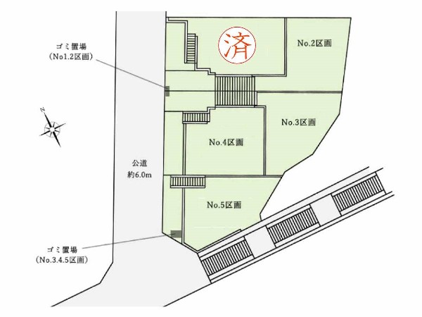 区画図:前面道路は広々6m。分譲地の隣には、以前デックスで分譲した全7棟の分譲地があり、美しい街並みを形成します。