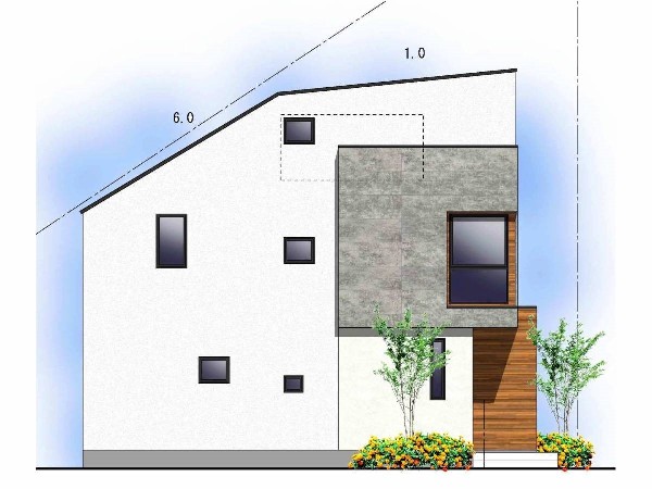 外観:5号棟　西側　完成予想イメージ：周囲には高い建物がなく、空が広く開放感があり、陽当りを大きく遮られることもありません。