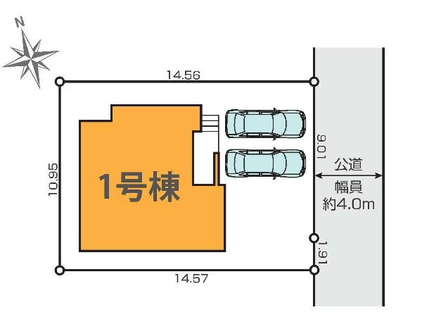 区画図:東側4ｍの道路に面積した整形地！土地面積も150m2以上のゆとりの敷地はカースペースもゆったり確保されています。