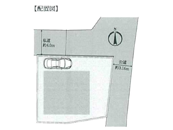 区画図:北東角地で南側に建物が建っていないので解放感のある住宅です。