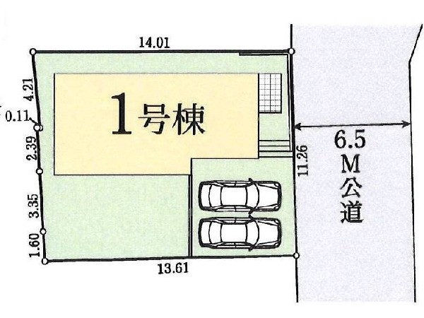 区画図:前面道路広々しておりますのでお車の出し入れもスムーズに行えます。カースペース並列2台！