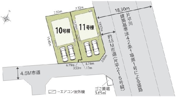 区画図:東南道路で陽当たり良好です！カースペース2台並列駐車可能となっております！