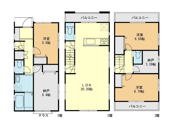 外観:建物プラン例  間取り：3LDK+2S、土地面積：80.05平米、建物価格：1500万円、建物面積：109.42平米