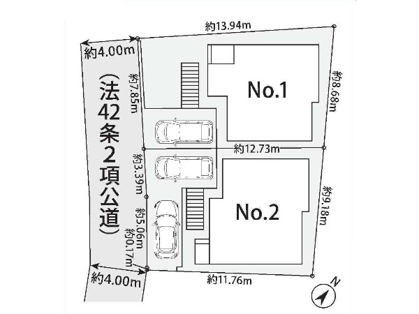 区画図:南西道路に面した明るい住宅！2号棟はカースペース2台駐車可能です。