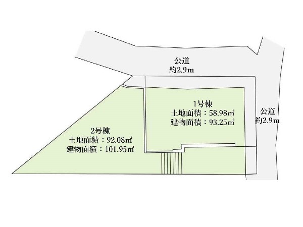区画図:側は2号棟に通路部分になっているので、三方向に建物が隣接していない解放感のある敷地です。