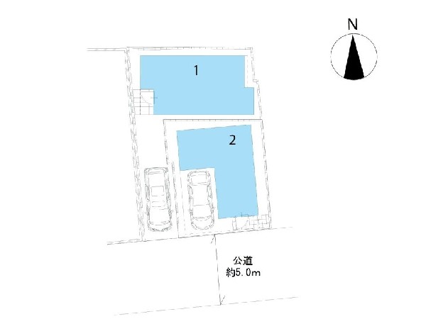 区画図:南道路に面し、敷地と道路に高低差がありません。