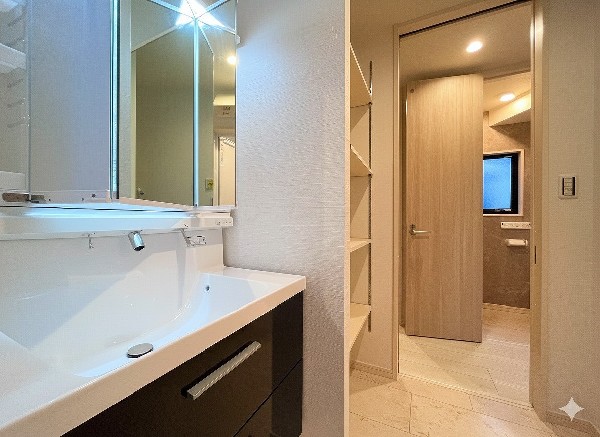 ゆとりの洗面スペースで朝の身支度も快適スムーズに。面鏡で髪のセットやお化粧もストレスなくこなせ、朝から気分良く通勤通学に向かえそうですね！鏡の裏にはたっぷりと収納スペースを標準装備！