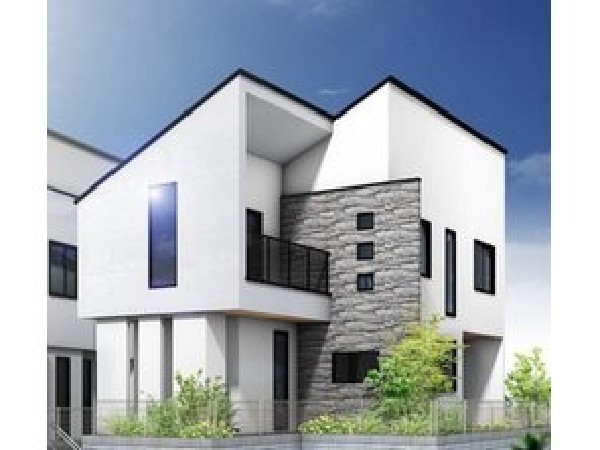 外観:【建物プラン例　建物価格1980万円（税込み、建物面積100m2】Fredge（フレッジ）アクセントの石の印影が映し出す、豊かな個性。拘りぬいたデザインがファサードに重厚感漂う風格をもたらします。