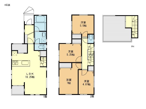 外観:建物プラン例(4区画)4LDK、土地価格3500万円、土地面積100.45m2、建物価格1980万円、建物面積99.15m2