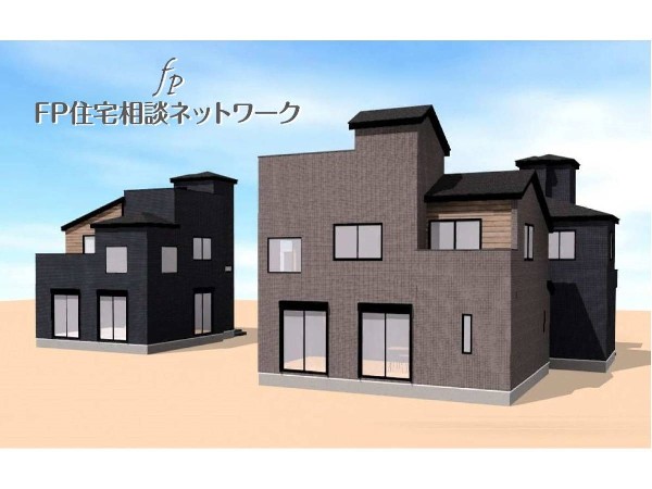 外観:街並完成予想図：ブラックを基調とした落ち着きのある外観が、街並みに品よく映えるデザイン。木目調アクセントが温もりを添え、モダンで洗練された印象を与えます。スタイルと居心地、どちらも大切にした住まいです。
