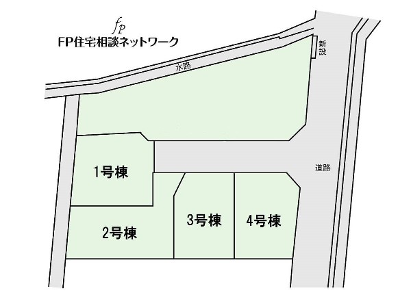 区画図:大通りから1本入った現地で、敷地と道路に高低差がない現地です。