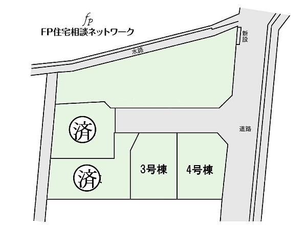 区画図:大通りから1本入った現地で、敷地と道路に高低差がない現地です。
