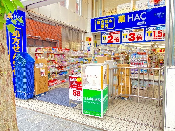 周辺環境:ハックドラッグ大倉山店(青地に 白い字の「HAC」が目立つ広い店舗では、医薬品のほか食品と日用品を扱っています。)