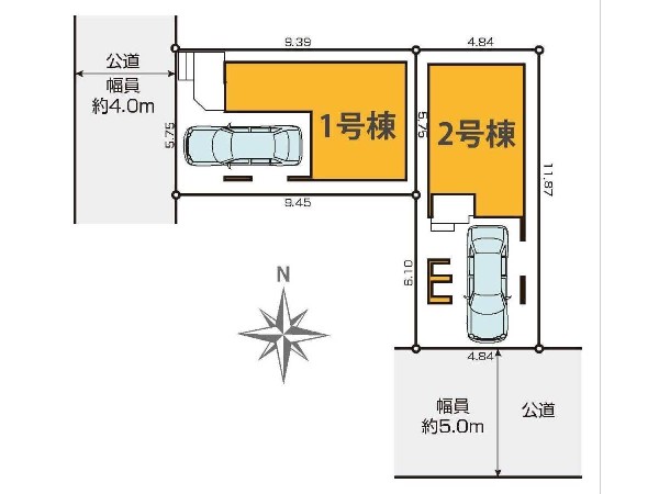 区画図:道路幅員5ｍの南道路に面し、太陽の日差しが降りそそぐ明るい住宅です。