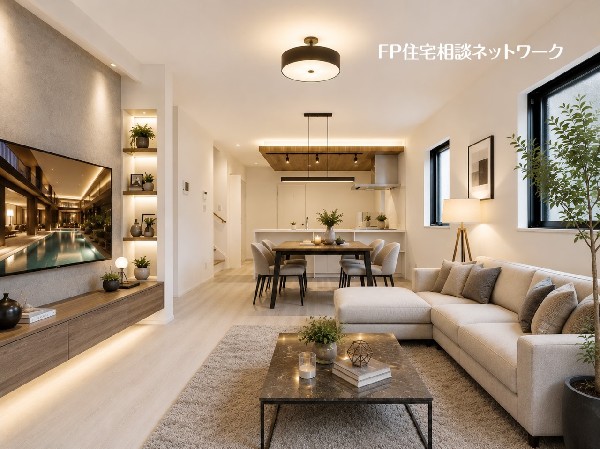 ■リビング■本画像はAIがCGで家具作成しており、実際の現地に家具は設置されておりません。また、販売価格に家具、小物等は含まれておりません。