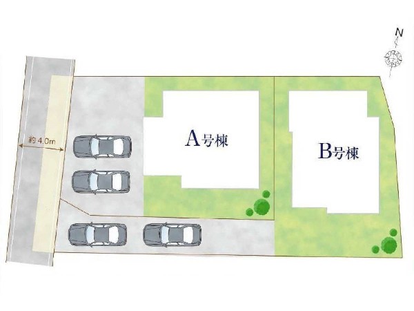区画図: ゆとりの敷地でカースペース2台にお庭も完備した贅沢な敷地です。