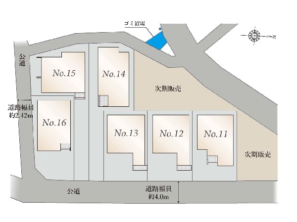 区画図:敷地と道路に高低差の無いスッキリした現地です。