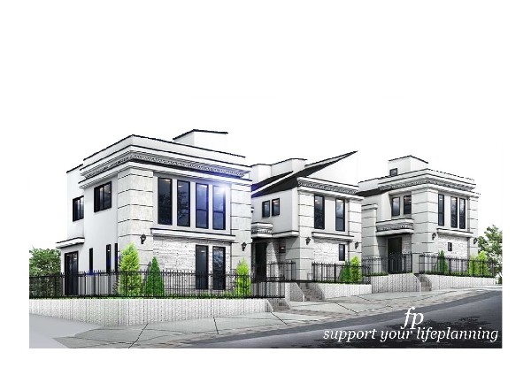 外観:【プラン例　建物価格2200万円　建物面積100m2】白塗の外壁に白いタイルを掛け合わせ上品に仕上げ、窓サッシから屋根色まで、すべてにおいて、統一された配色。