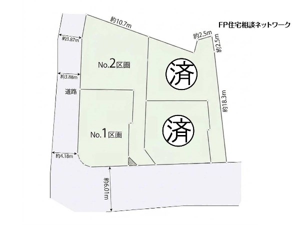 区画図:全4区画の分譲地！前面道路はゆとりの6ｍです。