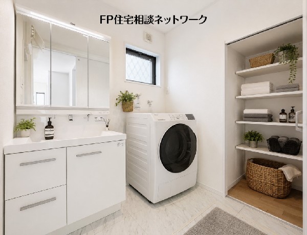 【洗面脱衣室】  本画像はAIがCGで家具を作成しており、実際の現地に家具は設置されておりません。また、販売価格に家具等は含まれておりません。