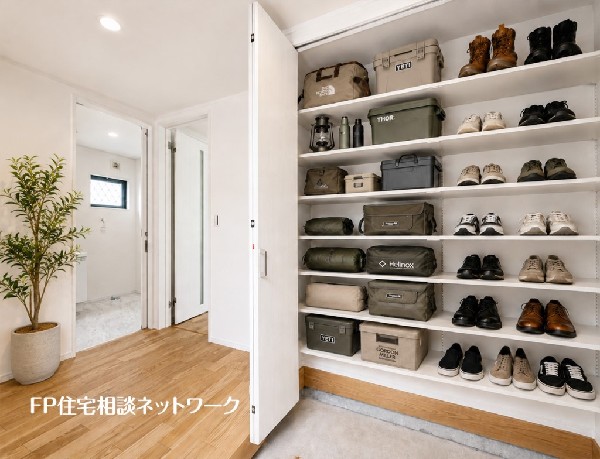 【玄関│シューズインクローゼット】  本画像はAIがCGで家具を作成しており、実際の現地に家具は設置されておりません。また、販売価格に家具等は含まれておりません。