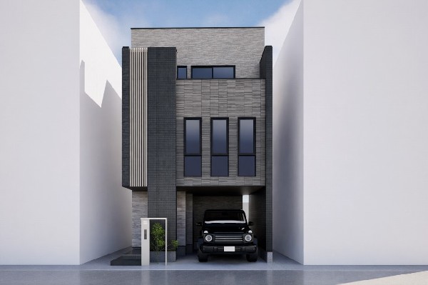 外観:【プラン例　建物価格2400万円　建物面積100m2】  【Fredge標準外観仕様】  類似外観同仕様：当物件とは扉や窓の開口部の位置等のデザインが異なります。