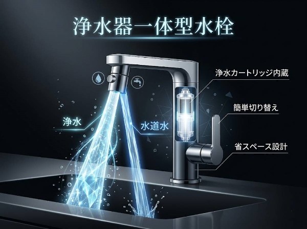 浄水器一体型水栓　別置きの浄水器が不要のため省スペースで設置可能。手元のレバーやボタンで簡単に浄水と水道水を切り替えられ、快適に利用できます。