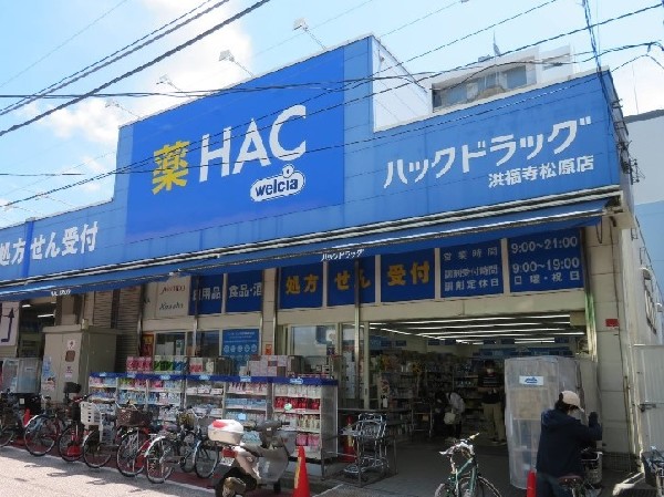 周辺環境:ハックドラッグ洪福寺松原店(医薬品や生活用品だけでなく食品も充実。調剤薬局も併設。毎月２０日はWAONポイントで1.5倍分買い物可能。)