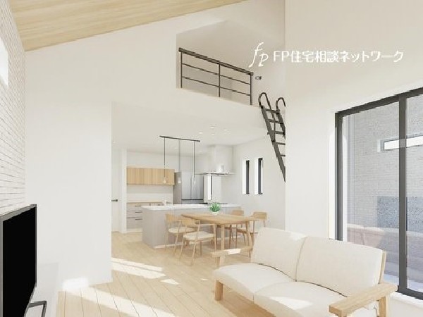 内観パース：大きな窓から光が降り注ぐ2階リビング。ロフト付き＋勾配天井で開放的な空間になっています。