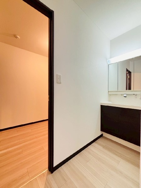 鏡の裏に収納棚を確保した三面鏡を採用。化粧品や歯ブラシなどを機能的に収納。これで朝の身支度も快適。