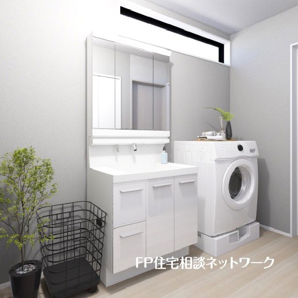 洗面室には2箇所の収納を確保。タオルや洗剤、ストック品までまとめてしまえて、すっきりとした空間を保てます。