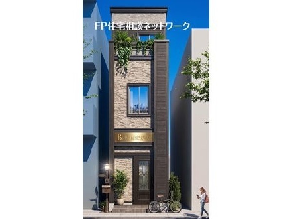 外観:建物の凹凸を利用し、面ごとに色や素材を張り分けています。立体感が強調され、奥行きが感じられるデザイン。