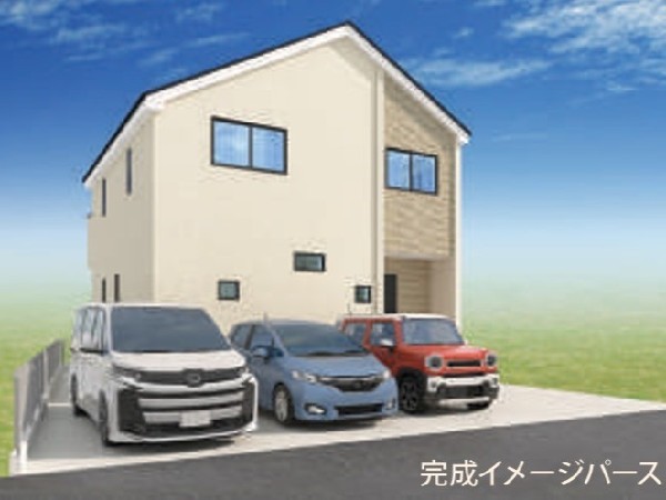 外観:カースペース並列3台分の開放感溢れる住まい。「中山」駅徒歩14分、都市と自然が調和する快適な住環境。