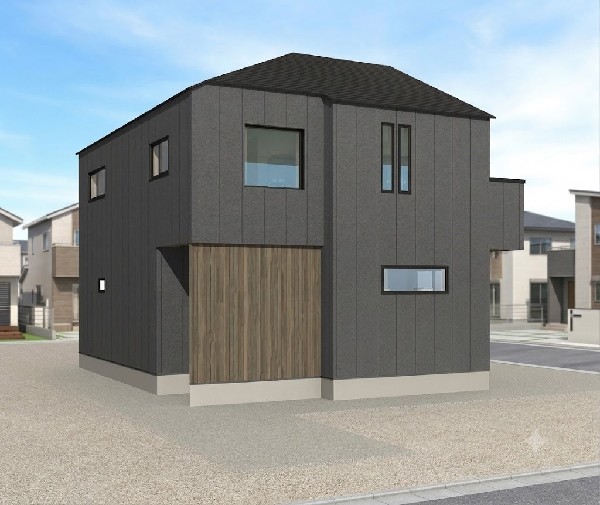 外観:黒を基調にしたモダンな外観で、長く愛着を持って住むからこそシンプルなデザインに仕上げました。