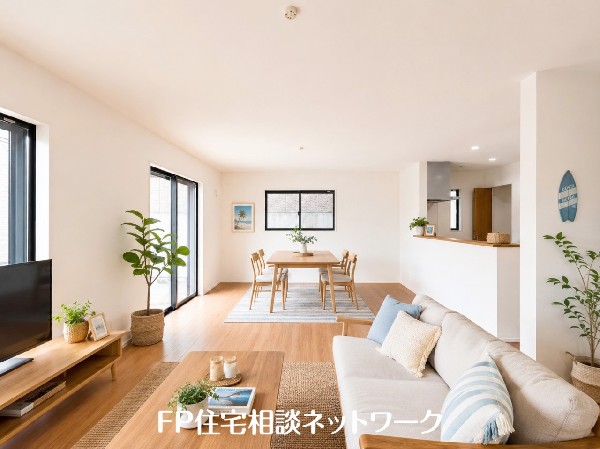 明るいLDKです♪（本画像はAI加工済みであり、現地に家具等はなく価格にも含まれていません）