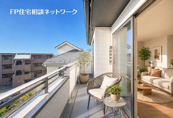 奥行きある広々バルコニーです。（本画像はAI加工済みであり、家具等はなく価格にも含まれていません）  