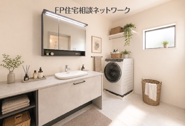 広い洗面室（本画像はAI加工済みであり、現地に家具等はなく価格にも含まれていません）  