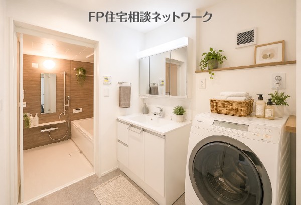 三面鏡裏の収納で身支度快適。（本画像はAI加工済みであり、現地に家具等はなく価格にも含まれていません）